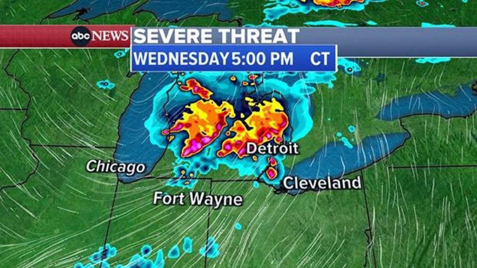 PHOTO: A map shows forecasted storms in the area of Detroit, Michigan, at 5 p.m. CT on July 26, 2023. (ABC News)