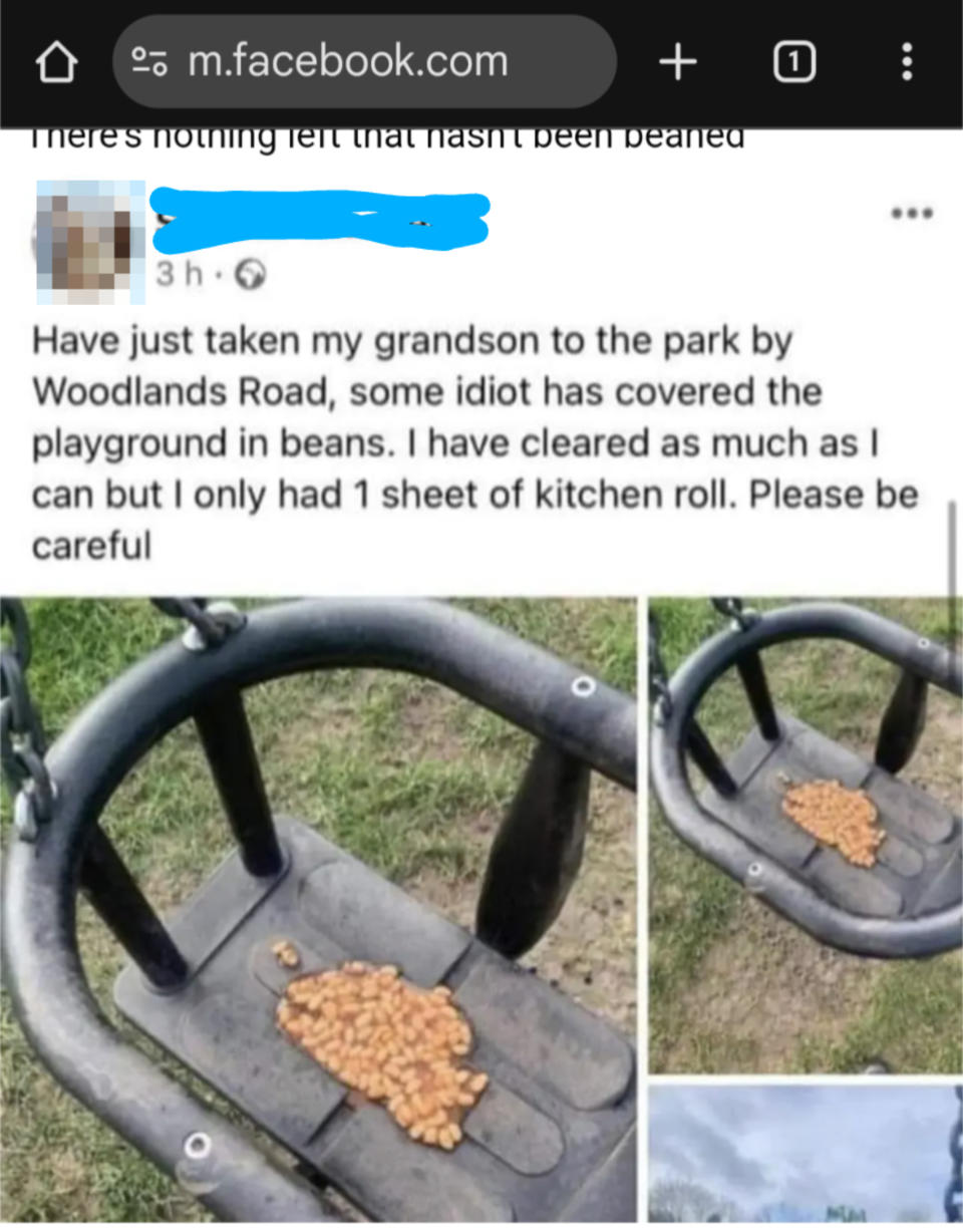 Facebook post showing a playground swing covered in baked beans. The poster mentions an incident where an individual left beans on the swing, and they cleaned what they could with limited kitchen roll. Advised to be careful