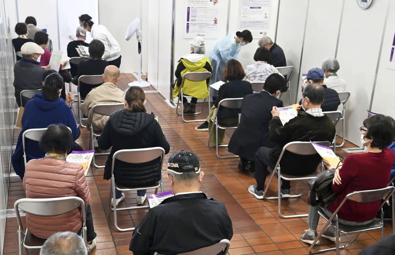 Elderly people wait in an observation room after receiving coronavirus disease (COVID-19) vaccinations in Hachioji, Tokyo