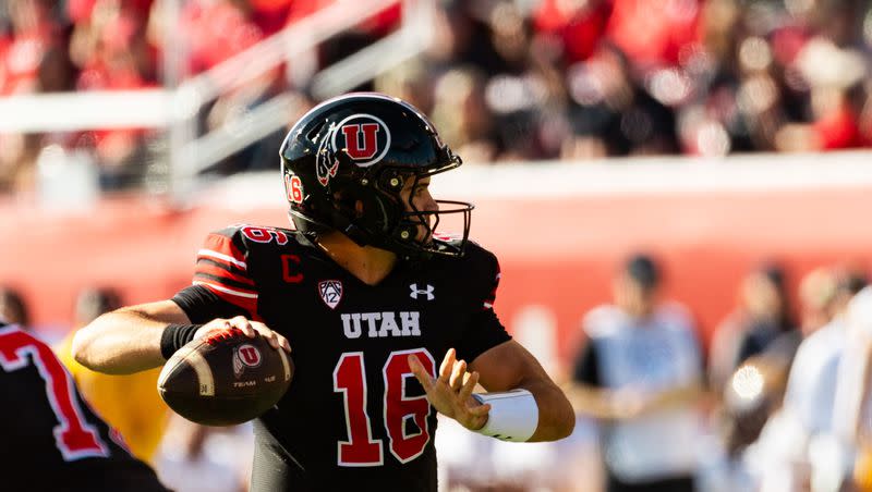 Utah Utes quarterback Bryson Barnes pulls back to throw the ball during the game against the Arizona State Sun Devils at Rice-Eccles Stadium in Salt Lake City on Saturday, Nov. 4, 2023.