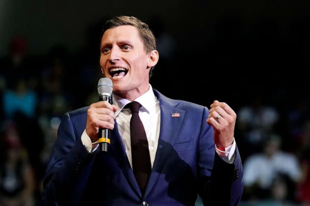 PHOTO: Blake Masters, who is running for the Republican nomination for U.S. Senate from Arizona, speaks on stage before President Donald Trump's speech at a Save America rally, July 22, 2022, in Prescott, Ariz.  (Ross D. Franklin/AP)