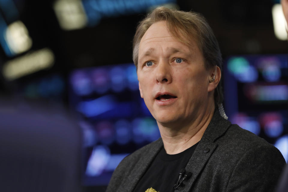 Canopy Rivers founder, Chairman & co-CEO Bruce Linton is interviewed on the floor of the New York Stock Exchange, Thursday, March 7, 2019. (AP Photo/Richard Drew)