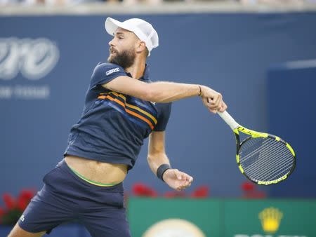 Aug 8, 2018; Toronto, Ontario, Canada; Benoit Paire (FRA) returns a ball to Rafael Nadal (not pictured) in the Rogers Cup tennis tournament at Aviva Centre. John E. Sokolowski-USA TODAY Sports