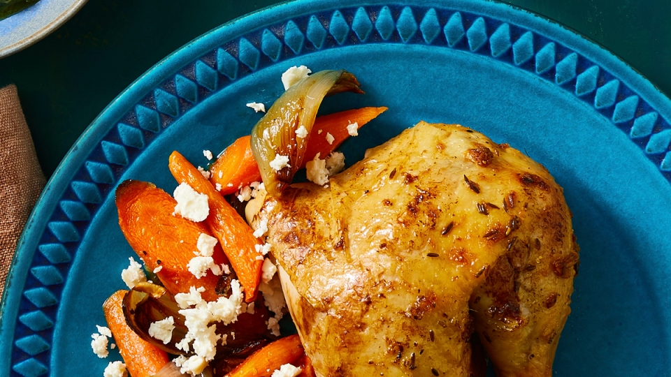 spice roasted chicken with caramelized carrots and shallots