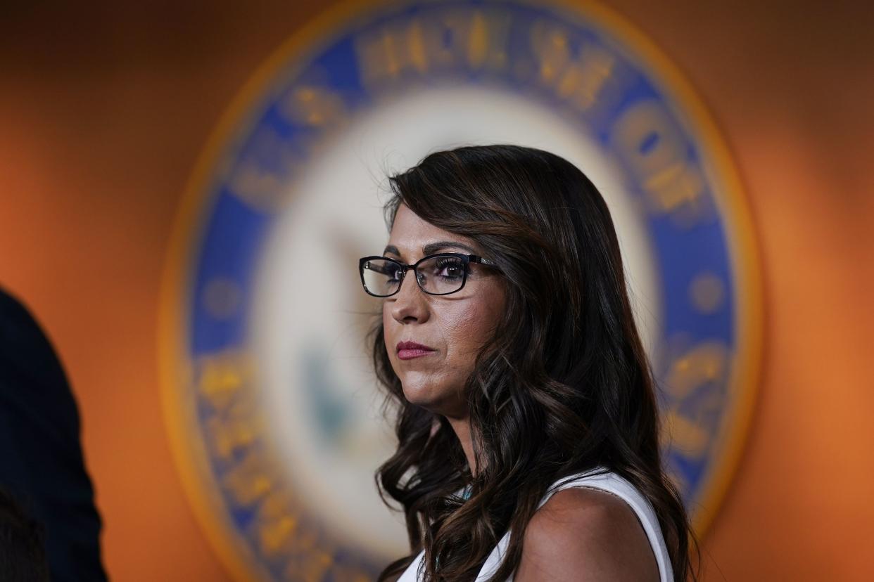 Rep. Lauren Boebert, R-Colo., pauses during a news conference to announce her resolution to censure President Joe Biden, claiming he is not enforcing border security and immigration laws, at the Capitol in Washington, Wednesday, June 23, 2021.