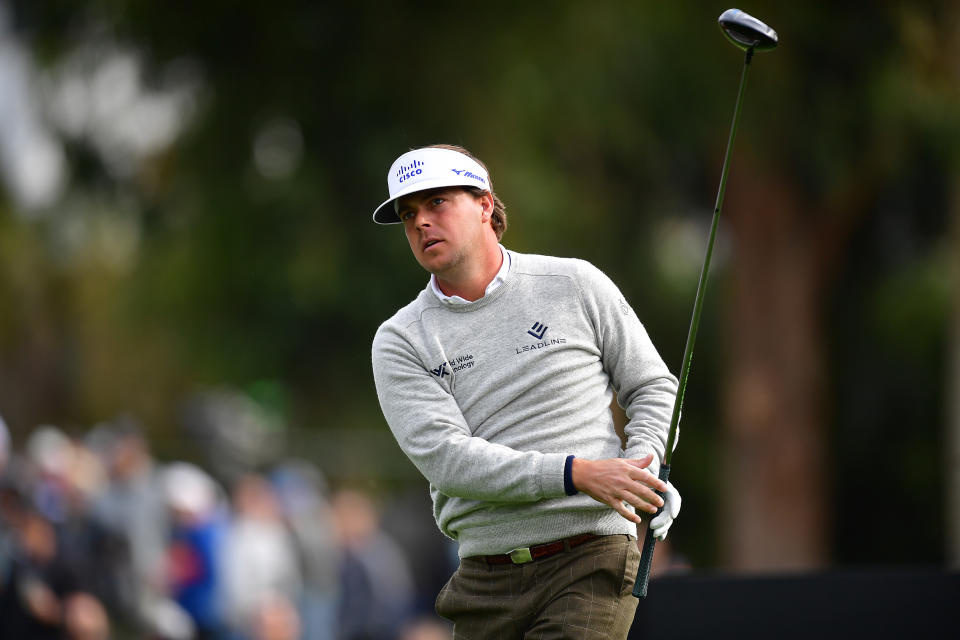 Keith Mitchell hits from the second hole tee during the second round of The Genesis Invitational golf tournament. Mandatory Credit: Gary A. Vasquez-USA TODAY Sports