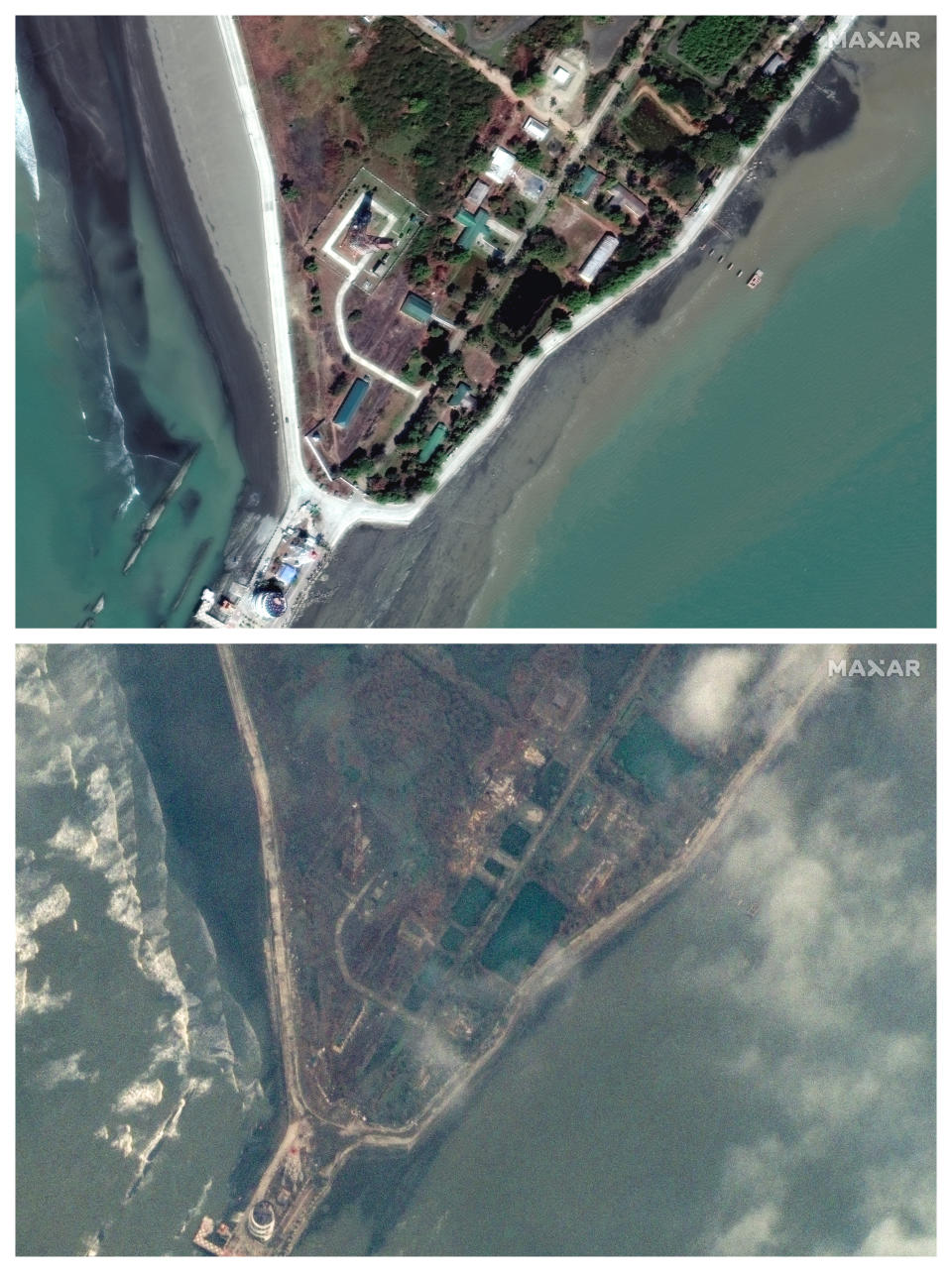 This combination of Feb. 17 and May 15, 2023 photos provided by Maxar Technologies shows the site of a lighthouse in Sittwe, Myanmar, before and after Cyclone Mocha made landfall in Rakhine state on Sunday, May 14, 2023. (Maxar Technologies via AP)