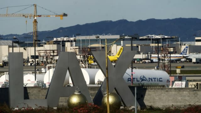 Air traffic is seen on the runway at Los Angeles International Airport.