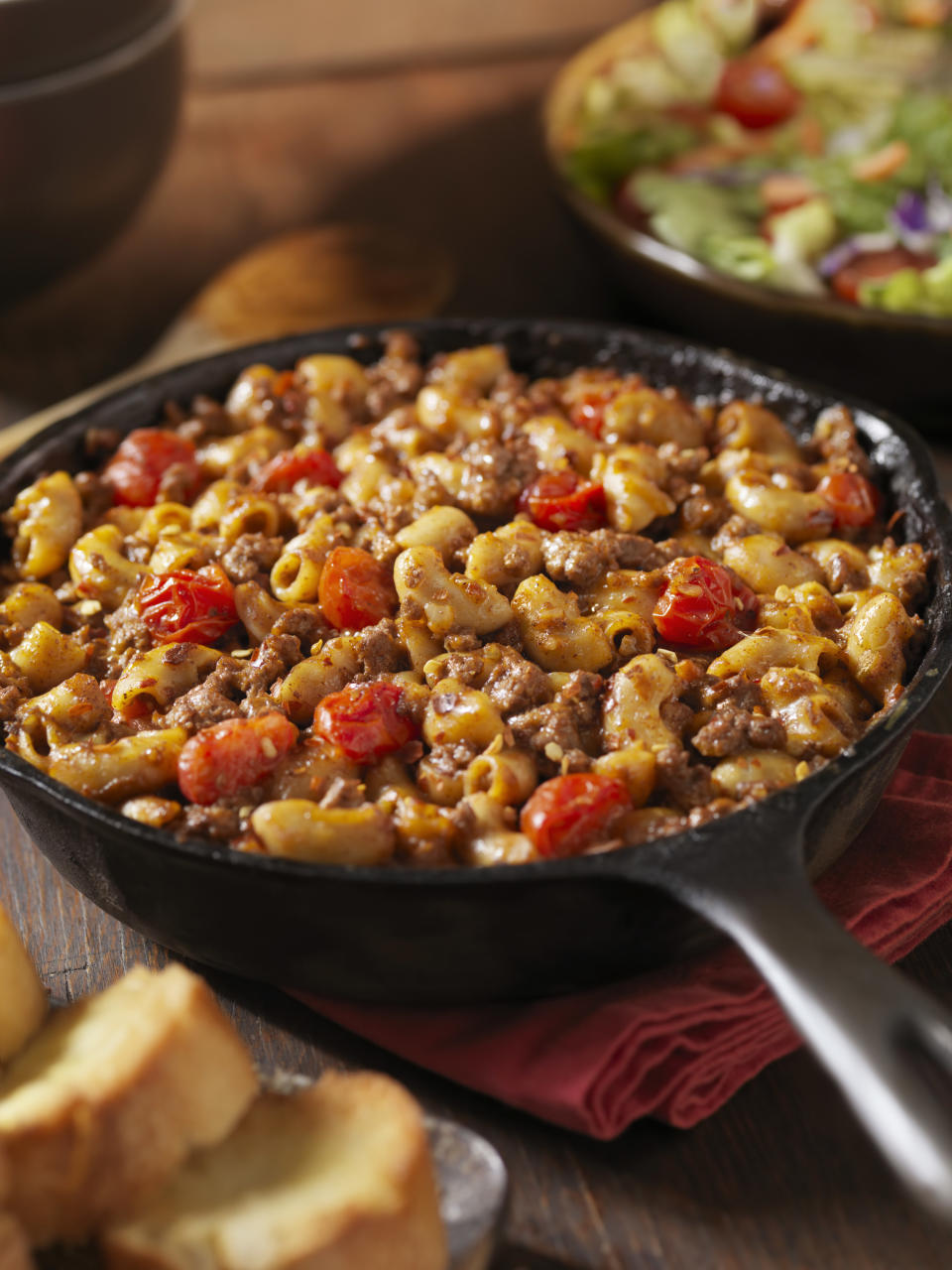 hamburger helper being cooked in a pan