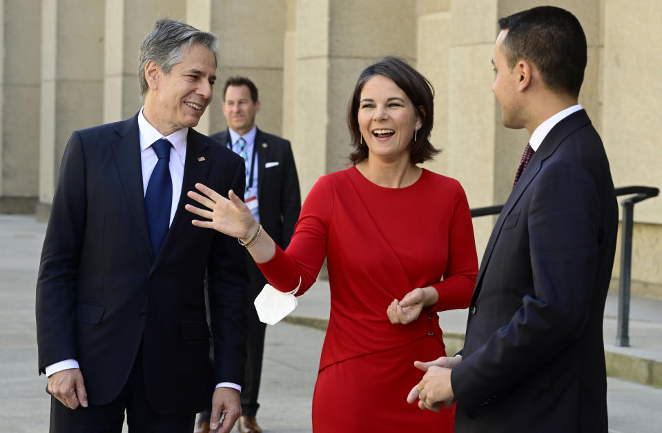 Front from left, US Secretary of State Antony Blinken, German Foreign Minister Annalena Baerbock and Italy's Foreign Minister Luigi di Maio, chat prior to a meeting in Berlin, Germany, Friday, June 24, 2022. (John MacDougall/Pool Photo via AP)