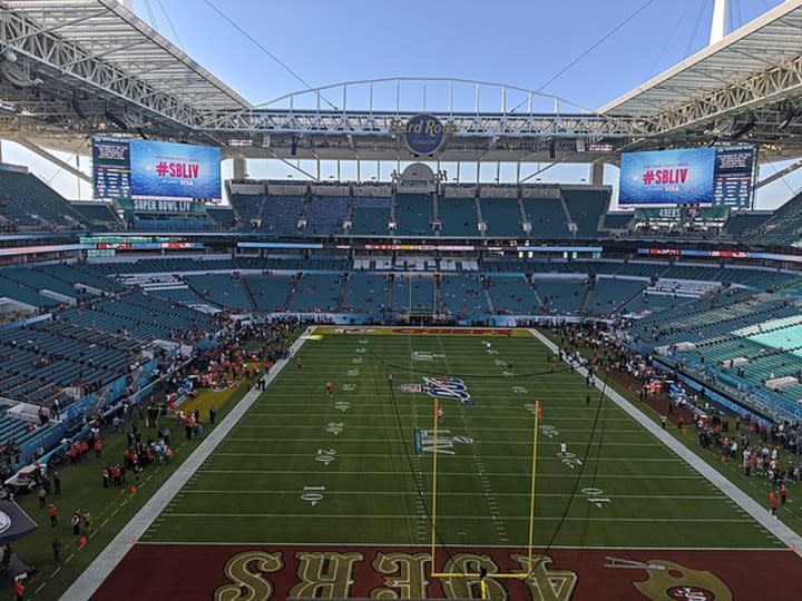 An empty football field in 2020.