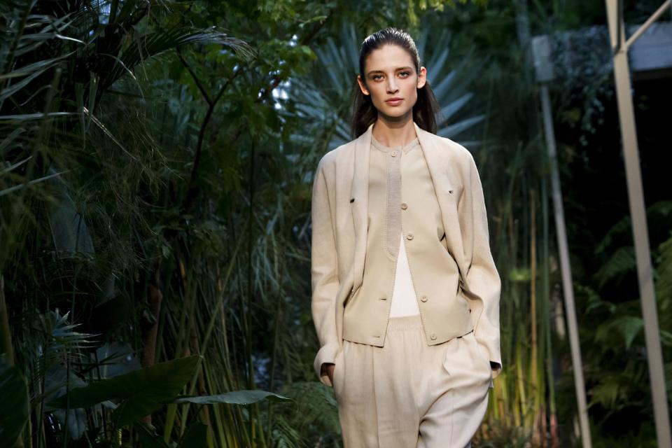 A model presents a creation as part of Hermes ready-to-wear Spring/Summer 2014 fashion collection, presented Wednesday, Oct. 2, 2013 in Paris. (AP Photo/Thibault Camus)