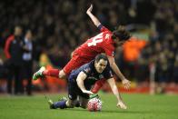 Football Soccer - Liverpool v West Ham United - FA Cup Fourth Round - Anfield - 30/1/16 West Ham's Joey O'Brien in action against Liverpool's Joe Allen Reuters / Phil Noble Livepic EDITORIAL USE ONLY. No use with unauthorized audio, video, data, fixture lists, club/league logos or "live" services. Online in-match use limited to 45 images, no video emulation. No use in betting, games or single club/league/player publications. Please contact your account representative for further details.