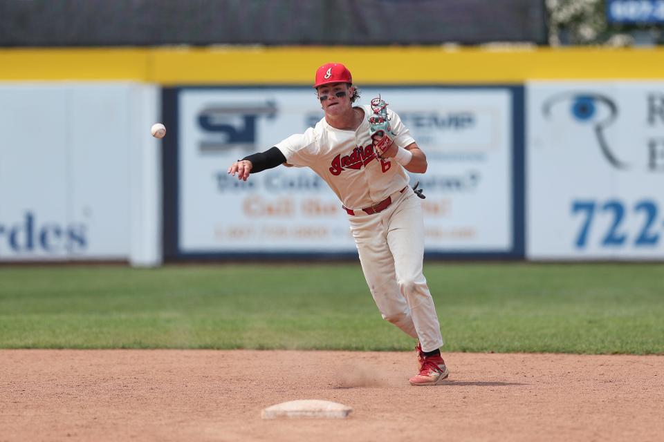 Owen Paino makes the throw from shortstop for an out in a 2-1 win over Commack in  the NYSPHSAA Class AA baseball final June 10, 2023 at Mirabito Stadium in Binghamton.