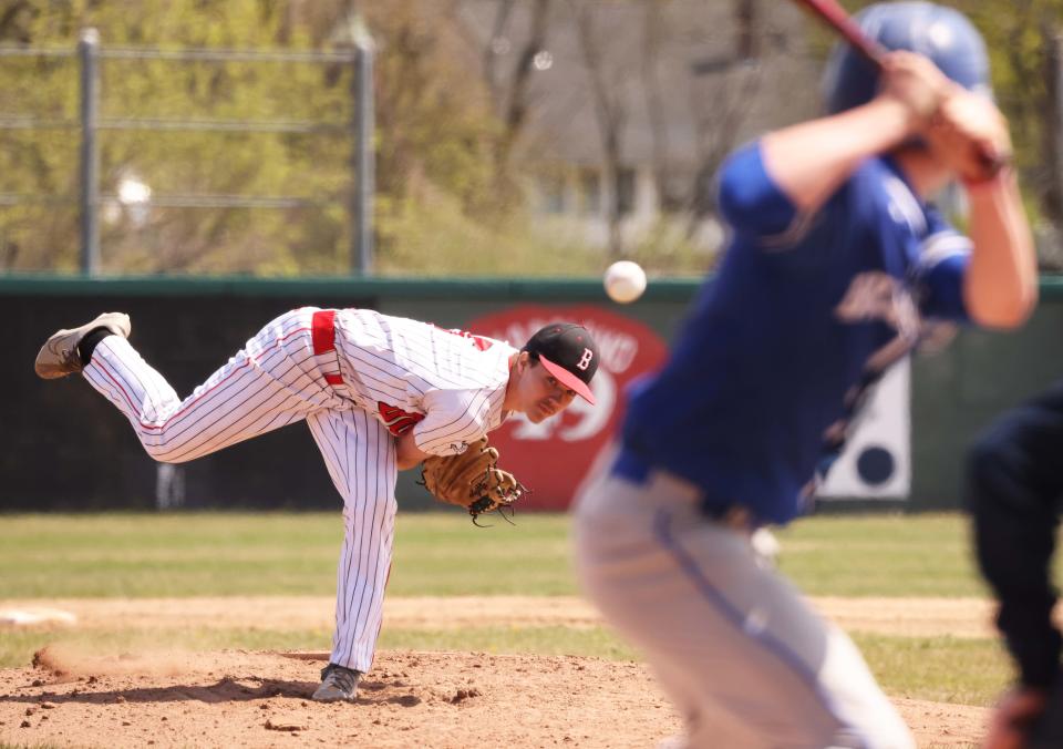 Brockton pitcher Jackson O'Brien delivers a pitch to a Braintree batter during a game on Friday, April 21, 2023. 