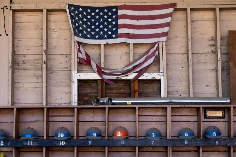 Safety helmets rest on the wall inside a sawmill at the Growlersburg Conservation Camp in April. An expansion of CDCR’s existing “Youth Offender Program” allows qualified inmates under the age of 26 to serve their sentences in a conservation camp alongside trained inmate mentors.