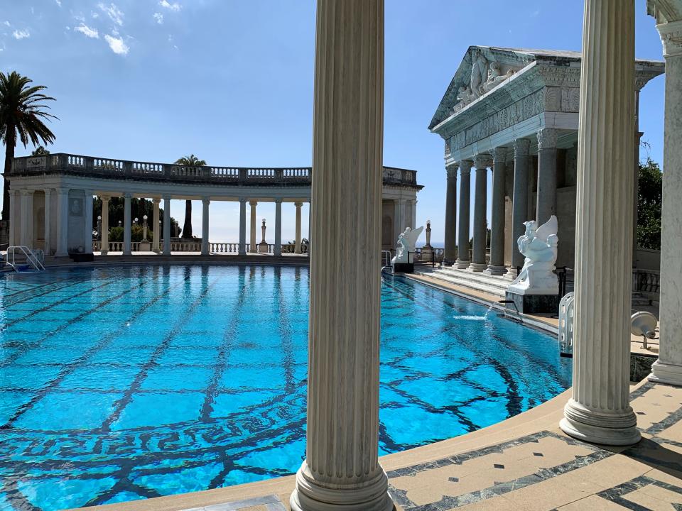 The Neptune Pool at Hearst Castle is 104 feet long, 58 feet wide, and 95 feet wide at the alcove.