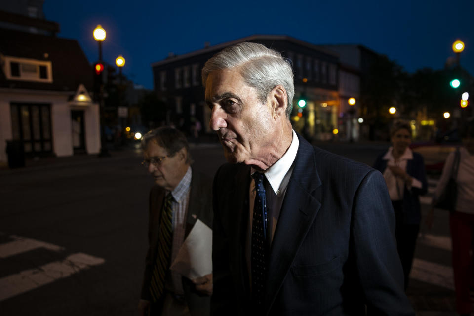 Special counsel Robert Mueller departs after having dinner at Martin's Tavern in Georgetown, Monday, May 6, 2019, in Washington. (AP Photo/Al Drago)