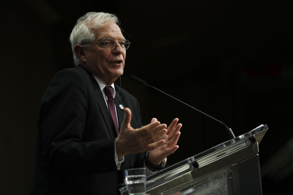 European Union foreign policy chief Josep Borrell talks to journalists during a news conference after an European Foreign Affairs meeting at the Europa building in Brussels, Monday, Jan. 20, 2020. (AP Photo/Francisco Seco)