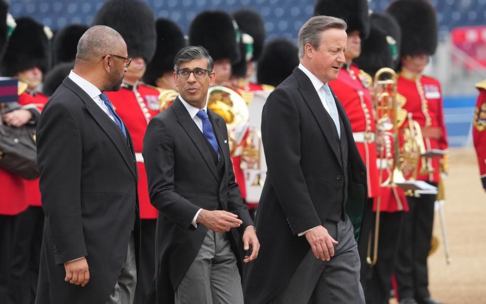 James Cleverly, Rishi Sunak and Lord Cameron arrive for the ceremonial welcome at Horse Guards Parade for the state visit of Emperor Naruhito and his wife Empress Masako