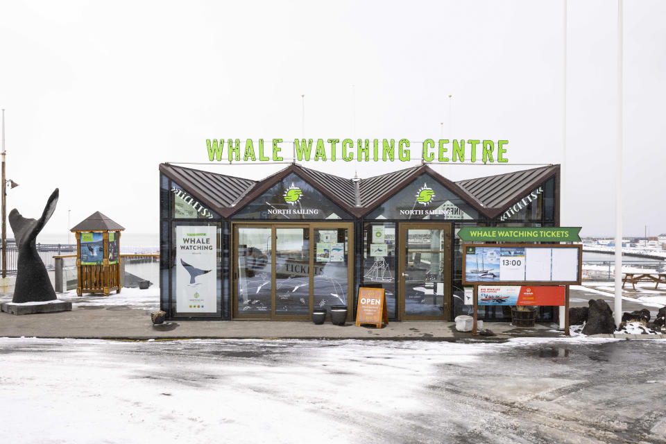 The Whale Watching Centre, shown in the film "Eurovision Song Contest: The Story of Fire Saga," appears in Húsavík, Iceland, on Thursday, April 8, 2021. "Húsavík (My Hometown)", a song from the film, is nominated for a best original song Oscar. The people of the small town of only 2,300 have staged a grassroots Oscar campaign on behalf of the song and adopted it as a de facto local anthem. (AP Photo/Brynjar Gunnarsson)