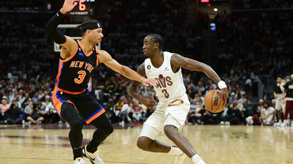 Apr 18, 2023; Cleveland, Ohio, USA; New York Knicks guard Josh Hart (3) defends Cleveland Cavaliers guard Caris LeVert (3) during the second half of game two of the 2023 NBA playoffs at Rocket Mortgage FieldHouse.