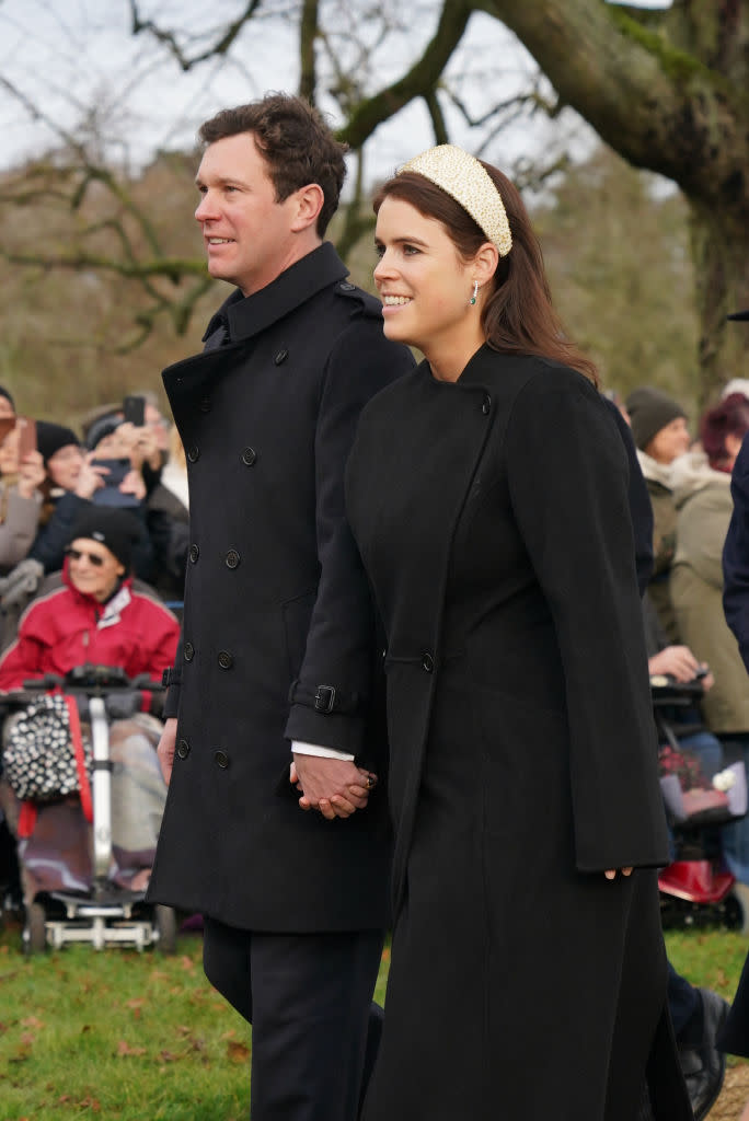 Jack Brooksbank and Princess Eugenie attending the Christmas Day morning church service at St Mary Magdalene Church in Sandringham, Norfolk. Picture date: Monday December 25, 2023. (Photo by Joe Giddens/PA Images via Getty Images)