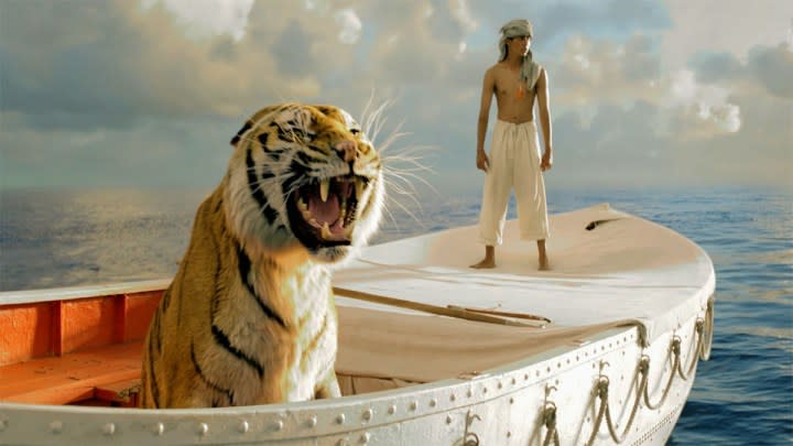 The tiger Richard Parker and Suraj Sharma in Life of Pi.