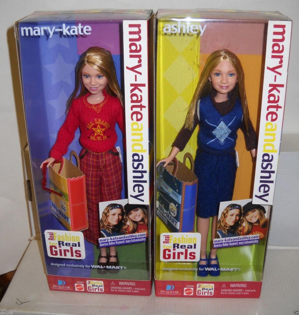 <p>Was it a '00s sleepover if a movie from the dynamic twin duo didn't make an appearance during the night? While the twins' films are easier to come by, their dolls are not. These two, pictured here, <a href="https://www.ebay.com/itm/6565-RARE-NRFB-Mattel-Walmart-Mary-Kate-Ashley-Fashions-For-Real-Girls-Dolls/401733966008?hash=item5d8935d8b8:g:8gYAAOSwdpxUWSu6" rel="nofollow noopener" target="_blank" data-ylk="slk:are worth a very normal price of $308.;elm:context_link;itc:0;sec:content-canvas" class="link ">are worth a very normal price of $308.</a> </p>