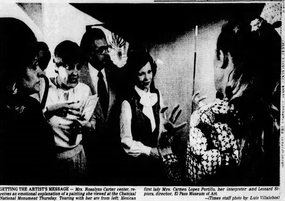 Nov. 4, 1977: Mrs. Rosalynn Carter, center, receives an emotional explanation of a painting she viewed at the Chamizal National Monument November 3, 1977. Touring with her are from left; Mexican first lady Mrs. Carmen Lopez Portillo, her interpreter and Leonard Sipiora, director, El Paso Museum of Art.