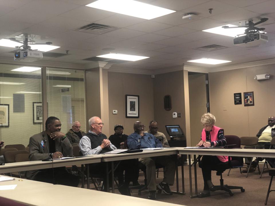 The newly-formed JMCSS ethics committee met for the first time Tuesday to review their duties. Pictured around the table, from l to r, are Paul Lacy, Bill Kipp, Clarence Boone and Sylvia Showalter. Committee member Joe Mays was not present.