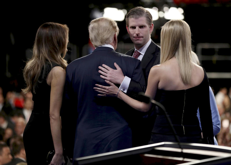 Republican presidential nominee Donald Trump greets his wife, Melania, his son Eric and his daughter Ivanka after the third and final 2016 presidential debate at UNLV in Las Vegas on Wednesday night. (Photo: Joe Raedle/Pool/Reuters)