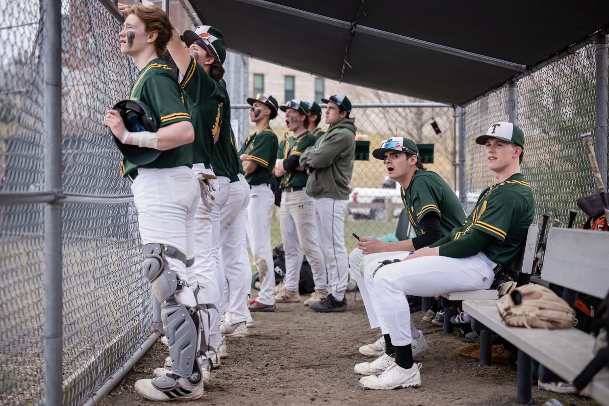 Seated in the dugout Tantasqua's Jack Alexander, left, and Miles Blake watch the action versus Millbury on Wednesday April 10, 2024 in Sturbridge.
