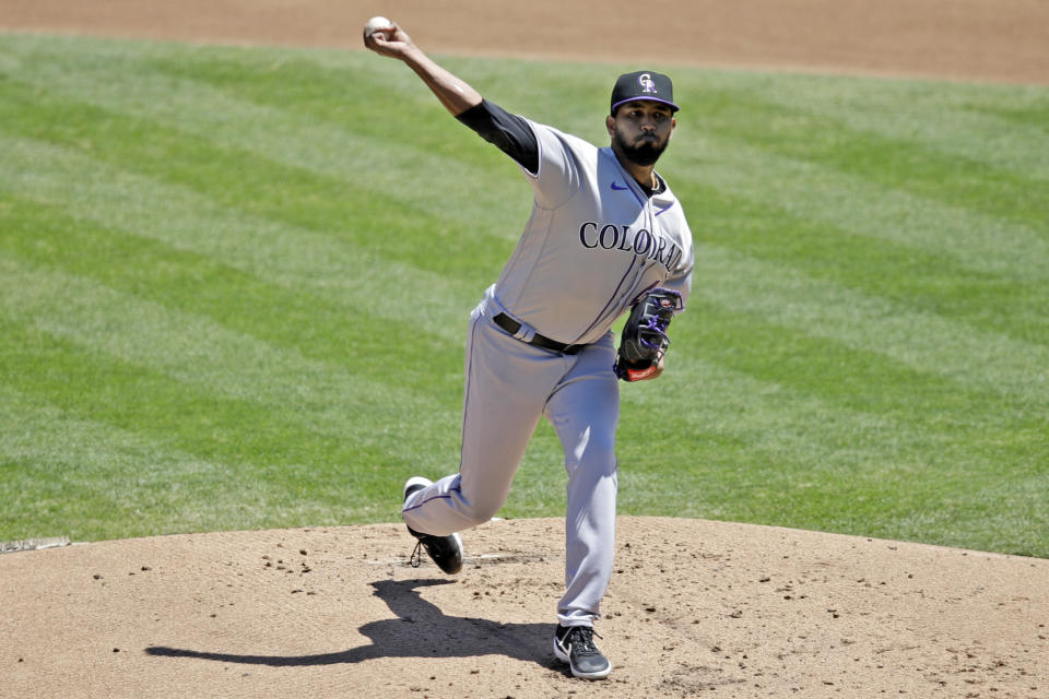 Colorado Rockies pitcher German Marquez works against the Oakland Athletics during the first inning of a baseball game, Wednesday, July 29, 2020, in Oakland, Calif. (AP Photo/Ben Margot)