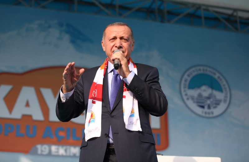 Turkish President Erdogan speaks during a gathering in Kayseri