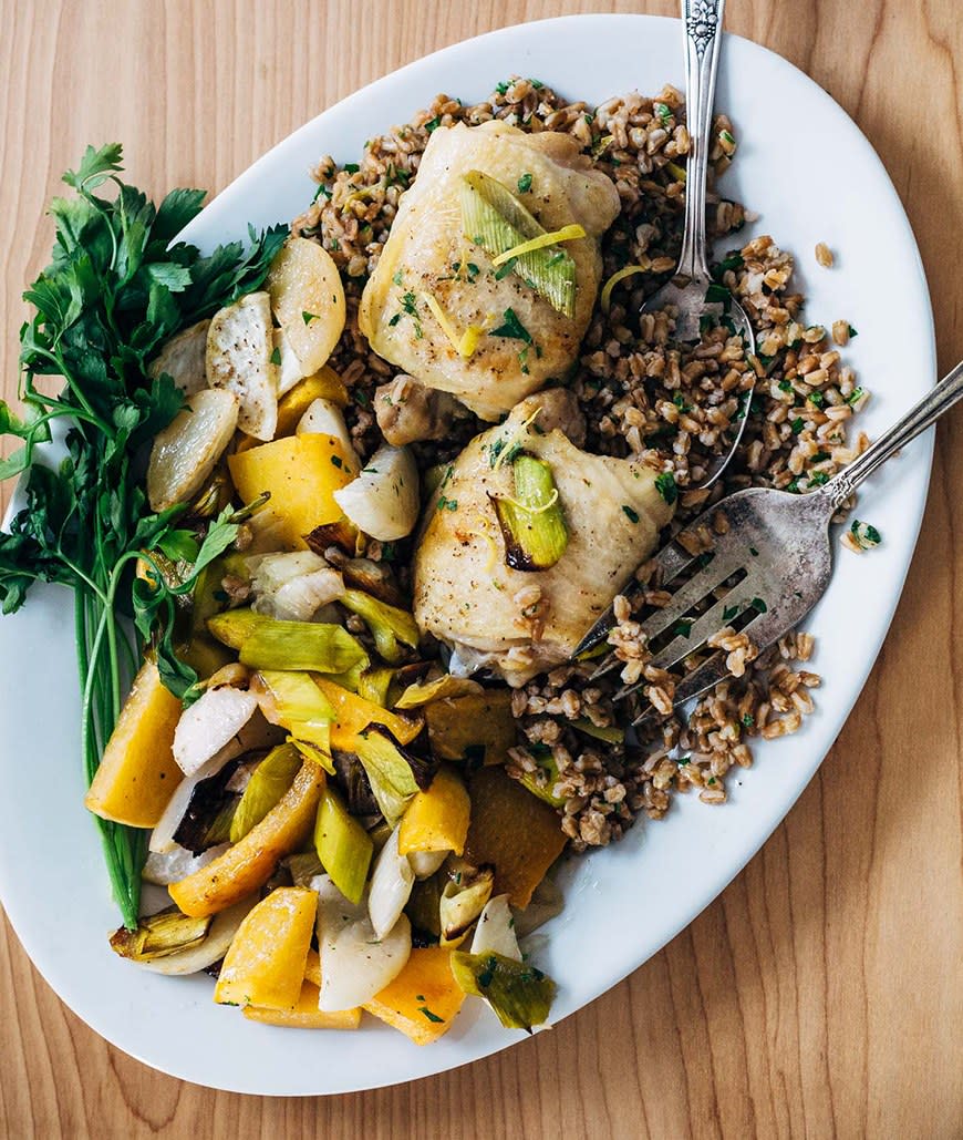 Sheet Pan Roasted Chicken and Vegetables Over Herbed Farro from Brooklyn Supper