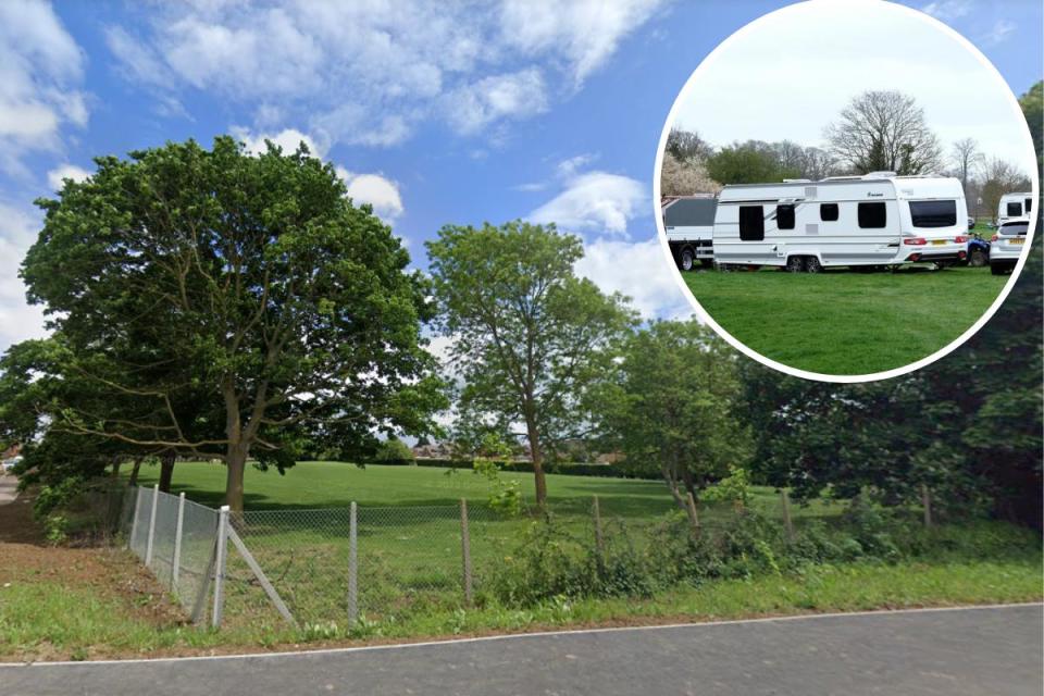 The recreation ground. Inset: Stock picture of caravan &lt;i&gt;(Image: Newsquest)&lt;/i&gt;