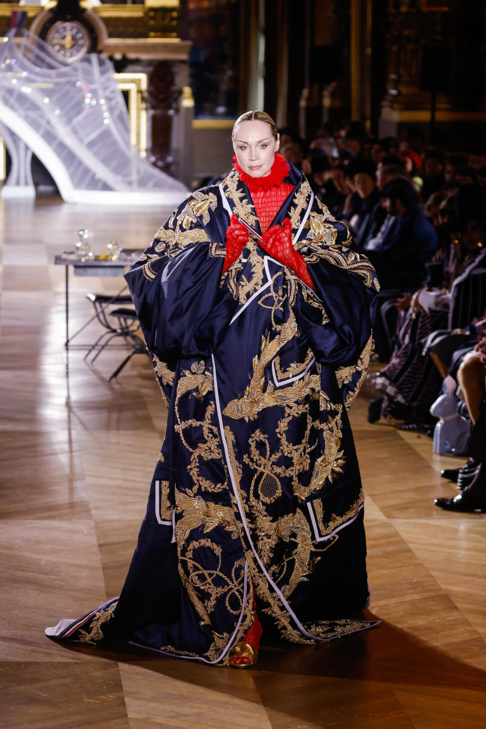 Gwendoline Christie modeling, Thom Browne, spring 2023, paris fashion week, runway