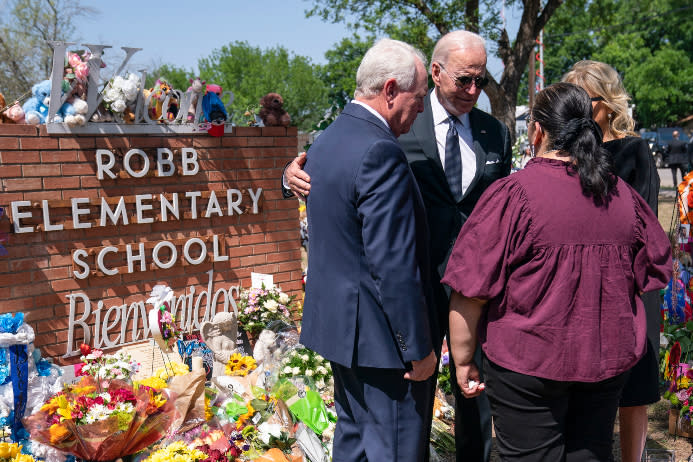 President Joe Biden and First Lady Dr. Jill Biden talk with principal Mandy Gutierrez and superintendent Hal Harrell as they visit Robb Elementary School. - Credit: AP Photo/Evan Vucci.