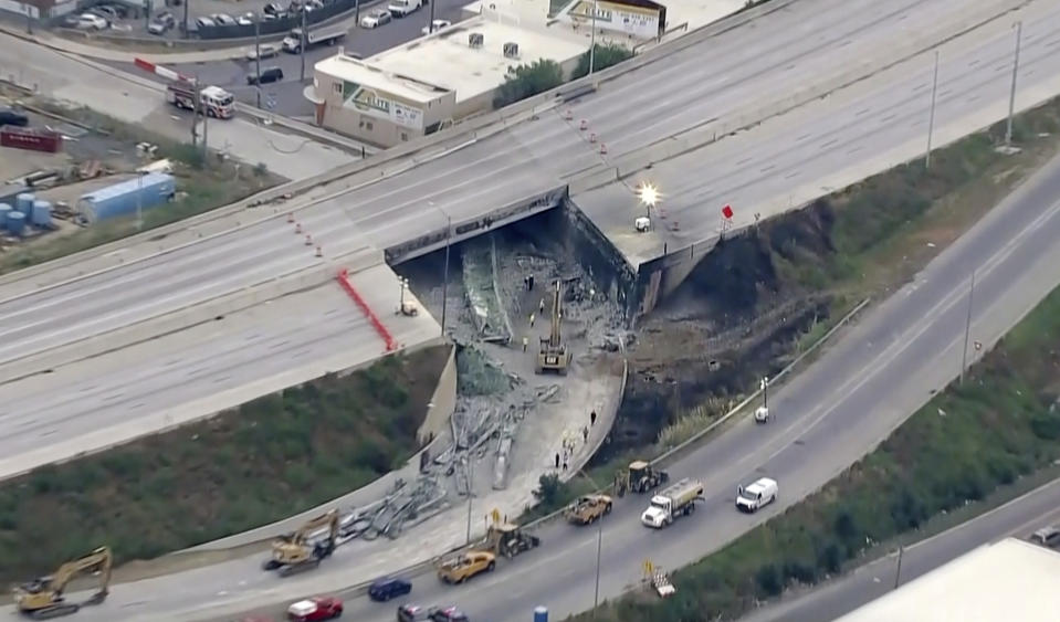 This screen grab from video provided by WPVI-TV/6ABC shows the collapsed section of I-95 as crews continue to work on the scene in Philadelphia, Monday, June 12, 2023. (WPVI-TV/6ABC via AP)