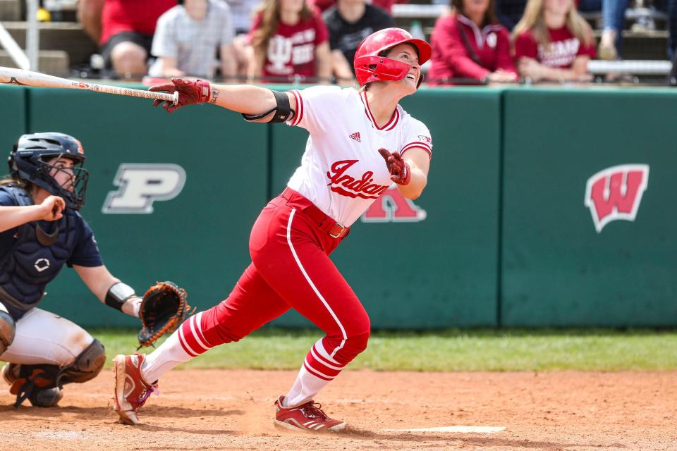 Uility player Brittany Ford #18 of the Indiana Hoosiers during the game between the Illinois Fighting Illini and the Indiana Hoosiers at Andy Mohr Field in Bloomington.