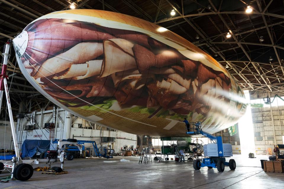During the month of September, you may be able to get a ride in the Subway in the Sky, 180-foot blimp decorated to look like “The Beast,” one of the chain's new Deli Hero subs.