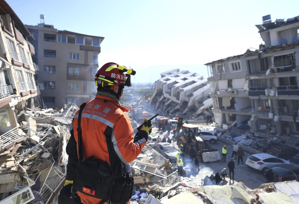 A member of a China search and rescue team working in Antakya, Turkey