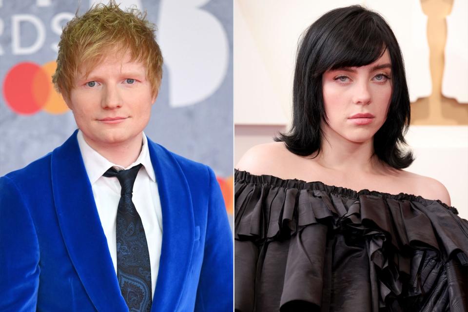 Ed Sheeran attends The BRIT Awards 2022 at The O2 Arena on February 08, 2022 in London, England. ; Billie Eilish attends the 94th Annual Academy Awards at Hollywood and Highland on March 27, 2022 in Hollywood, California.