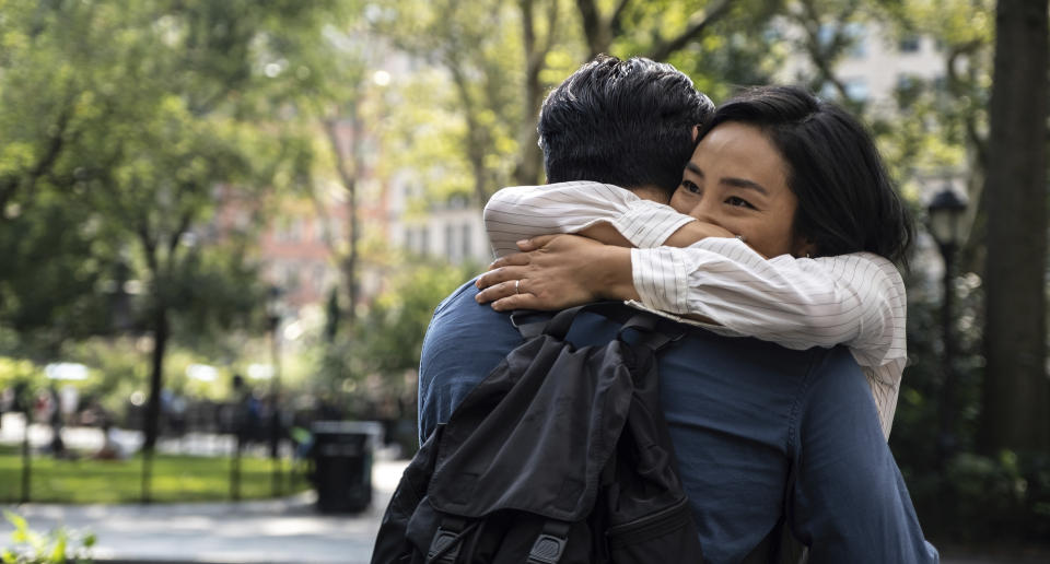 This image released by A24 shows Greta Lee in a scene from "Past Lives." (Jon Pack/A24 via AP)