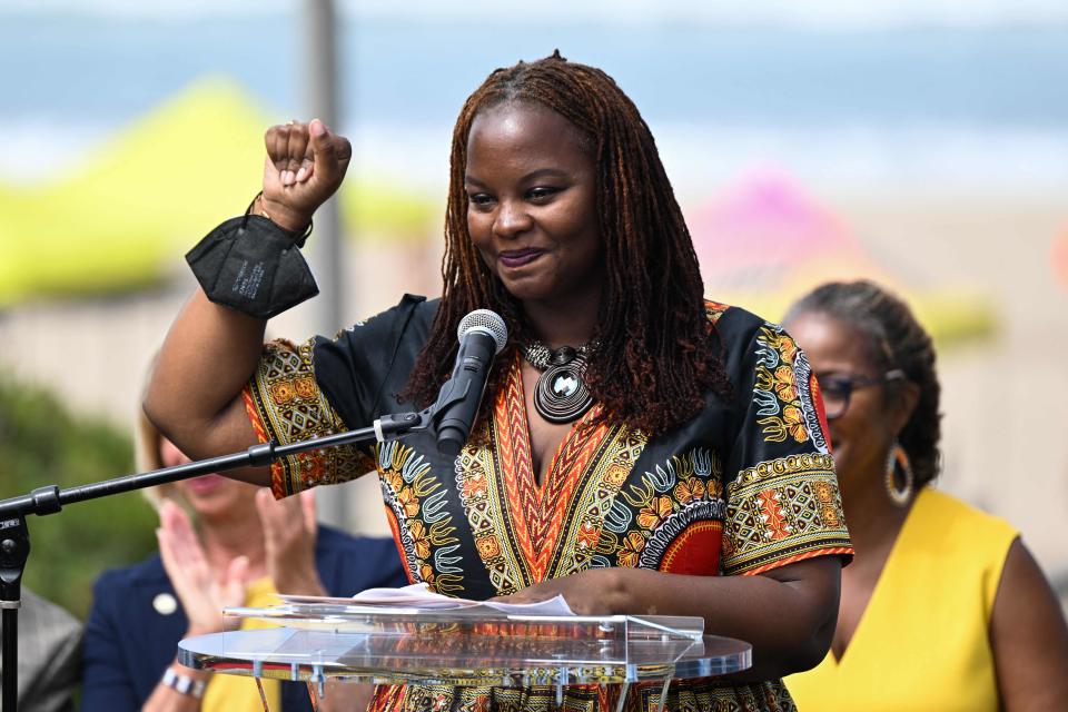 Activist Kavon Ward speaks during a ceremony returning the property title to the Bruce family at Bruce's Beach on July 20, 2022, in Manhattan Beach, California.