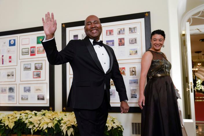 Democratic National Committee chair Jaime Harrison and his wife Marie Boyd arrive for the State Dinner with President Joe Biden and French President Emmanuel Macron at the White House in Washington, Thursday, Dec. 1, 2022.