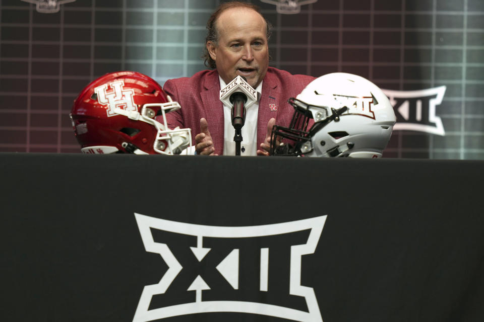 Houston's head football coach Dana Holgorsen speaks at the NCAA college football Big 12 media days in Arlington, Texas, Wednesday, July 12, 2023. (AP Photo/LM Otero)