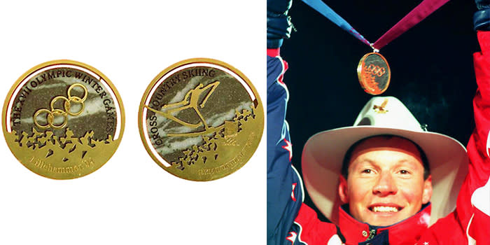 <p>The medals for Lillehammer 1994 used granite as the basic material.<br> (IOC photo; US gold medalist for Men’s Downhill, Tommy Moe at the 1994 Olympics/photo by Gabriel Bouys/AFP/Getty Images) </p>