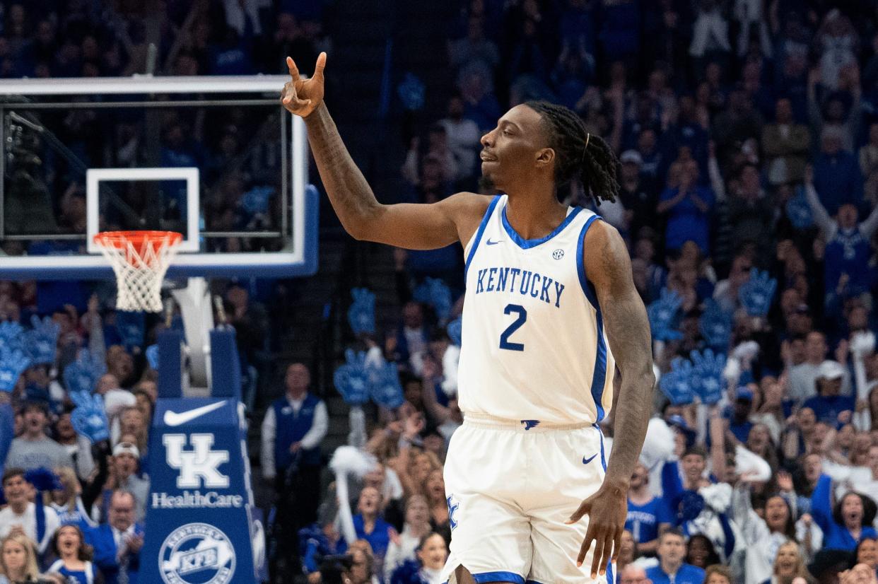 Kentucky Wildcats forward Aaron Bradshaw (2) celebrates his three pointer during their game against the Arkansas Razorbacks on Saturday, March 2, 2024 at Rupp Arena.